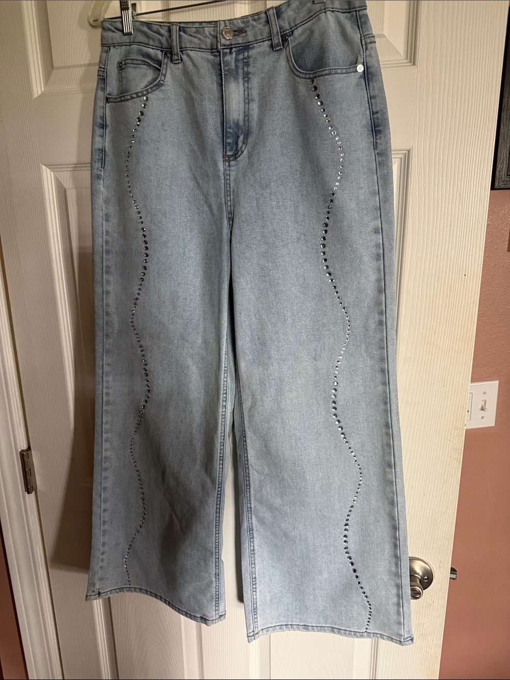Oat New York Light Blue Wide-Leg Jeans with Studded Wave Trim